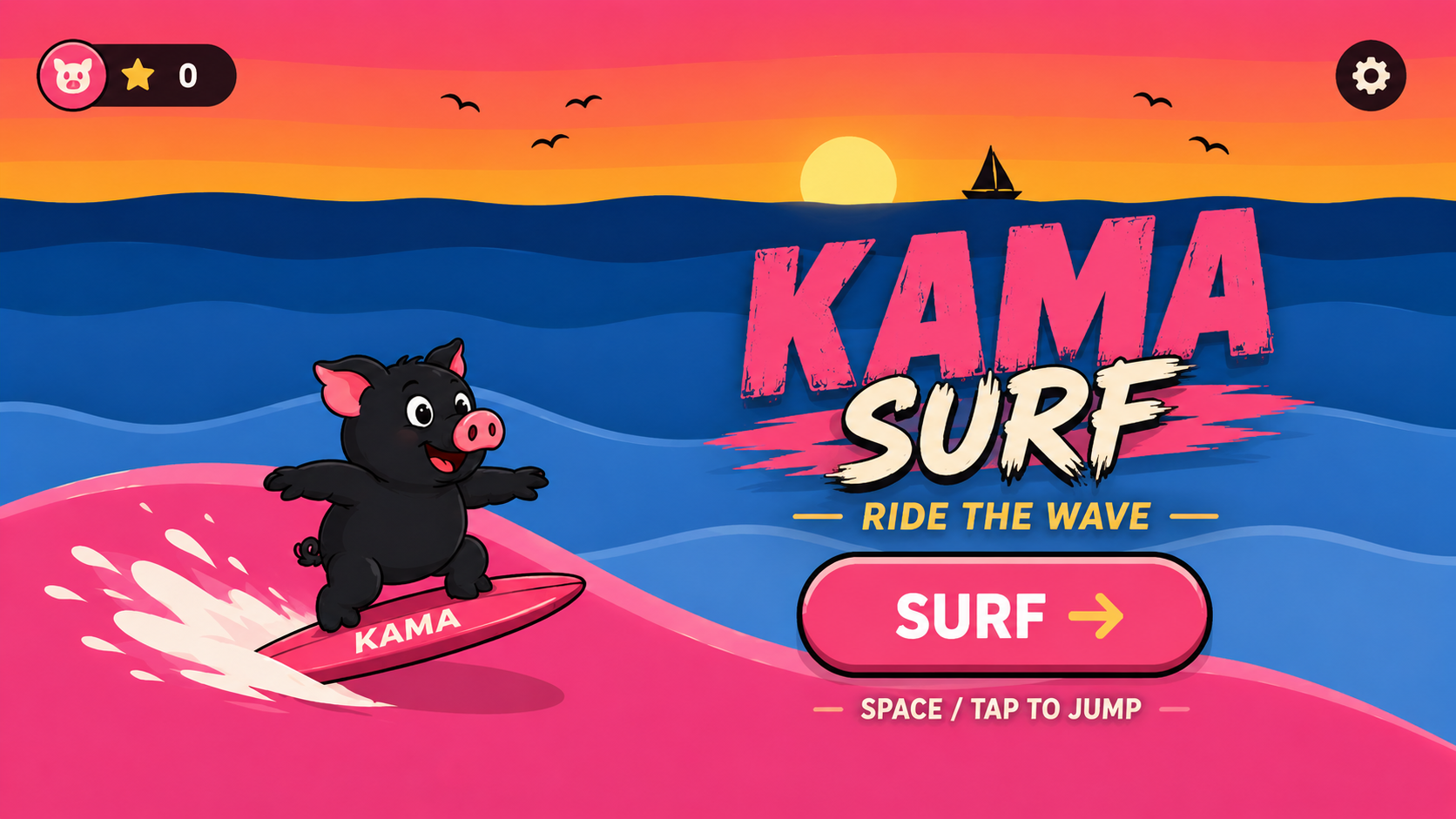 Kama surfing past a frog on a rock