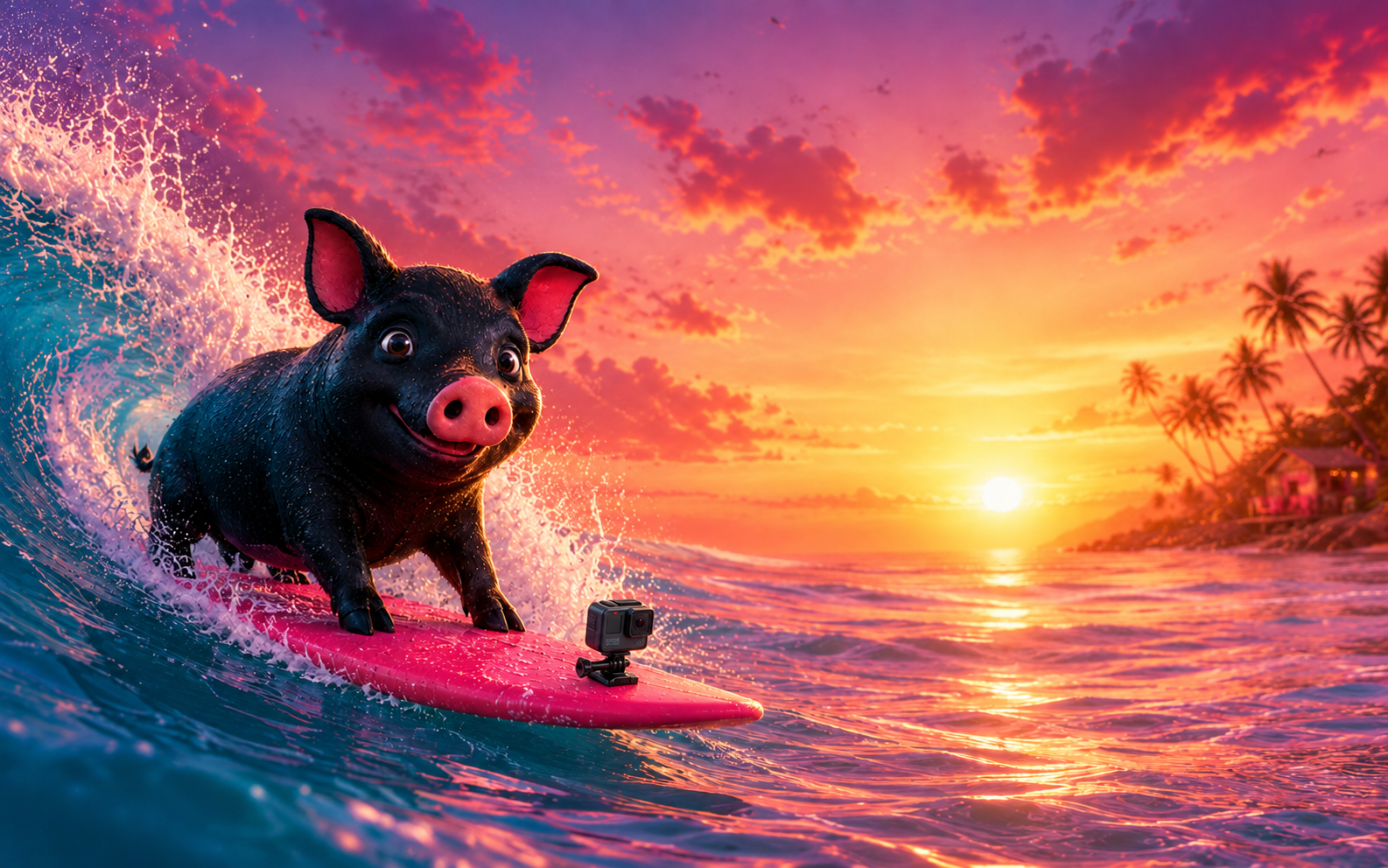 Kama the pig surfing a wave at sunset on a pink board